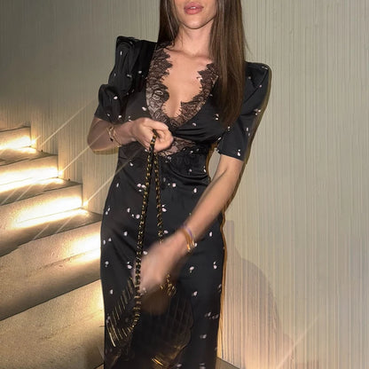 Sexy Lace Patchwork V-Neck Slim Fit High Waist Midi Dress