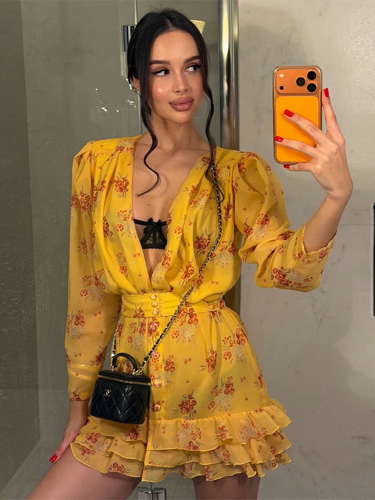 Women's Floral Print V-Neck Mini Dress Flared Sleeve Party Dress