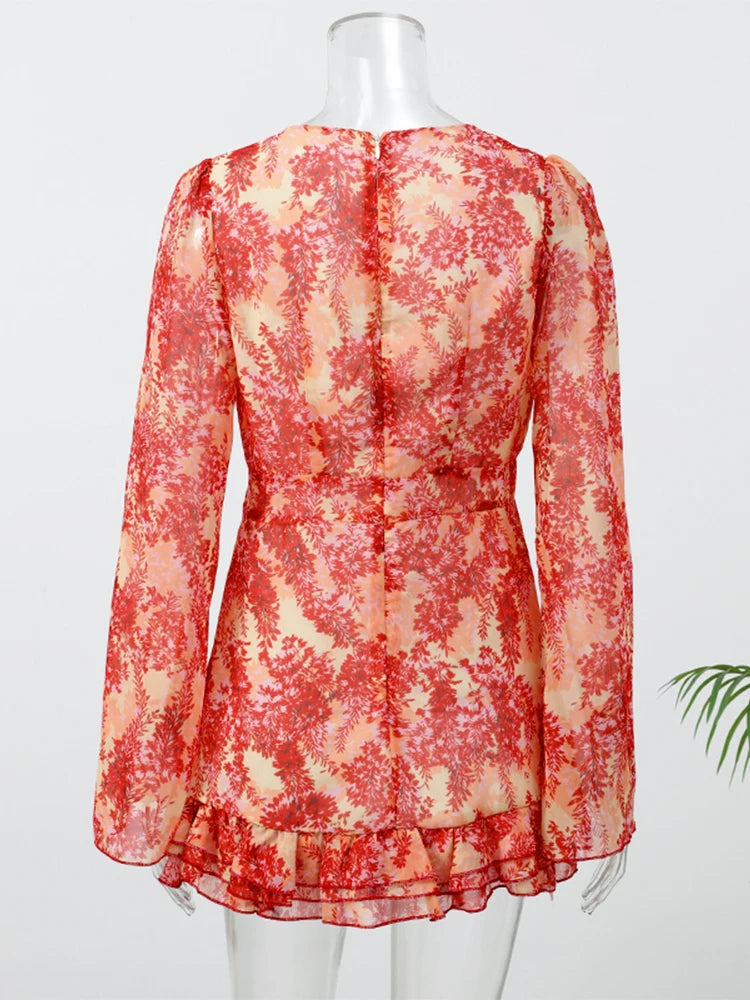 Women's Floral Print V-Neck Mini Dress Flared Sleeve Party Dress