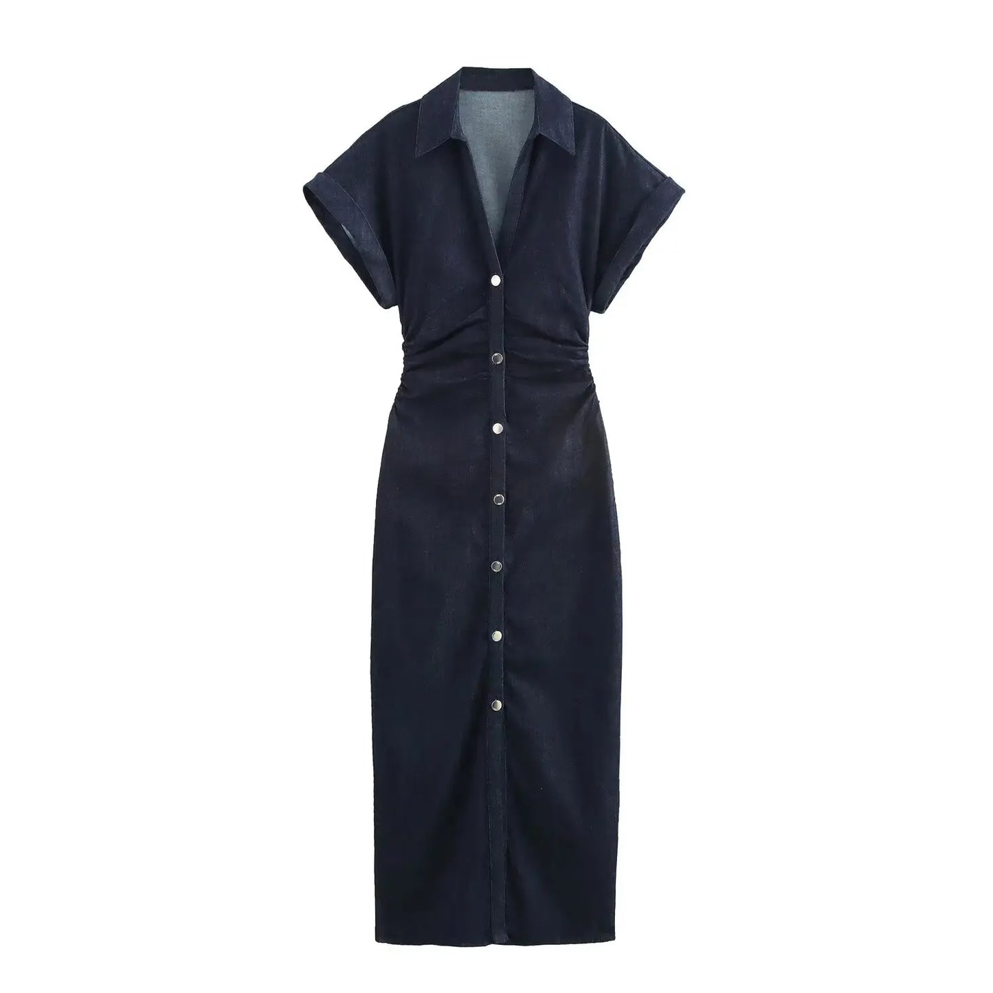 Denim Midi Dress Lapel V-Neck Slim Fit Waist Casual Dress
