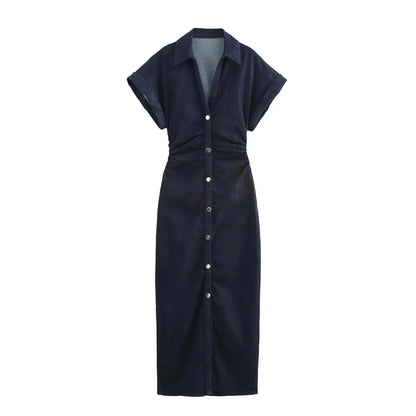 Denim Midi Dress Lapel V-Neck Slim Fit Waist Casual Dress