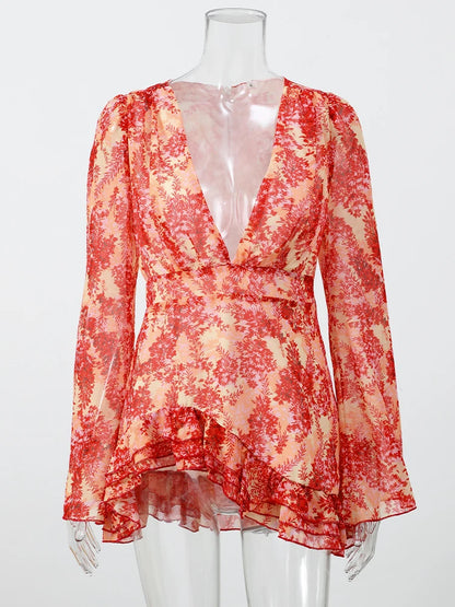 Women's Floral Print V-Neck Mini Dress Flared Sleeve Party Dress