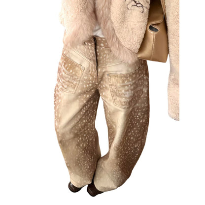Women's Jeans 2026 Spring Retro E Girl Jeans Color Block Embroidered Distressed Deer Polka Dot Print Wide Leg Floor Length Pants