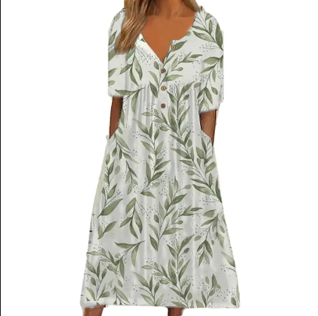Trendy Printed V-Neck Button Short Sleeve A-Line Midi Dress