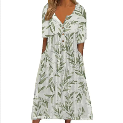 Trendy Printed V-Neck Button Short Sleeve A-Line Midi Dress