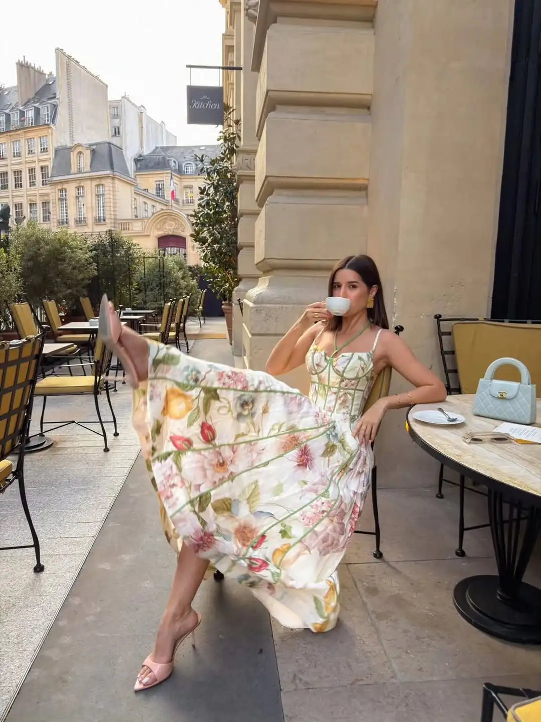 Elegant Floral Print Sleeveless High Waist Swing Midi Dress
