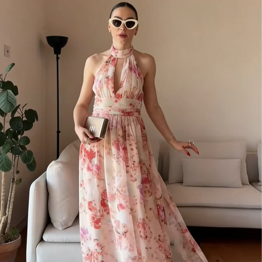 Women's Floral Halter Maxi Dress Sleeveless A-Line Vacation Dress