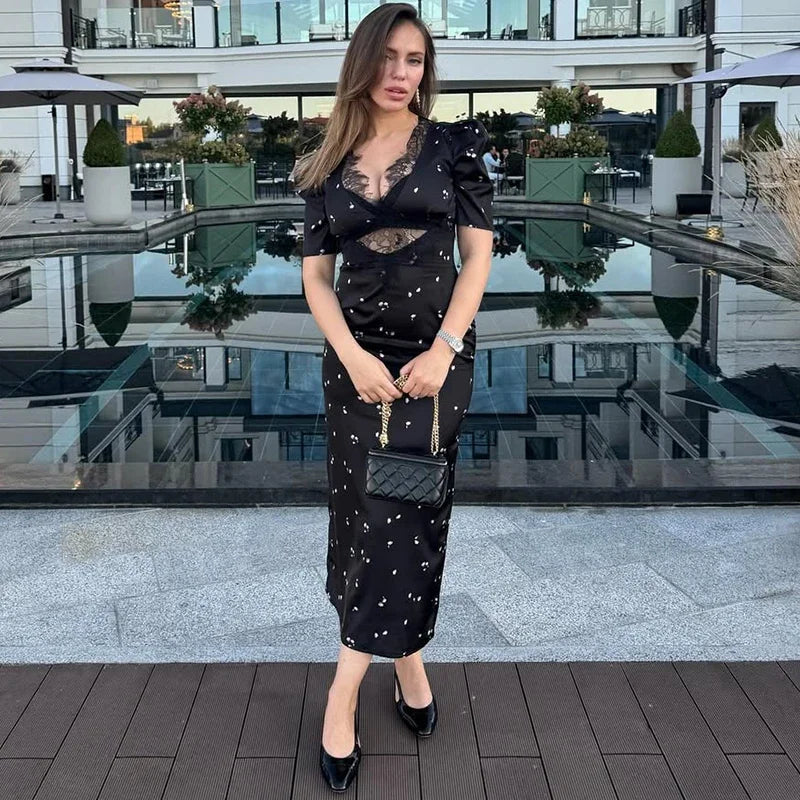 Sexy Lace Patchwork V-Neck Slim Fit High Waist Midi Dress